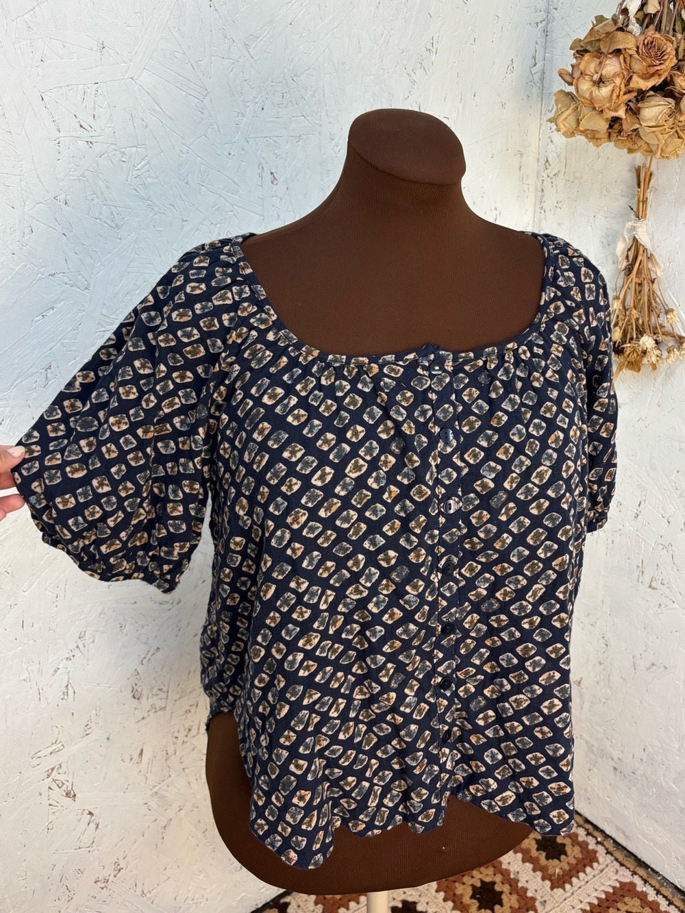 Pilcro Navy Blue & Tan Patterned Scoop Neck Blouse